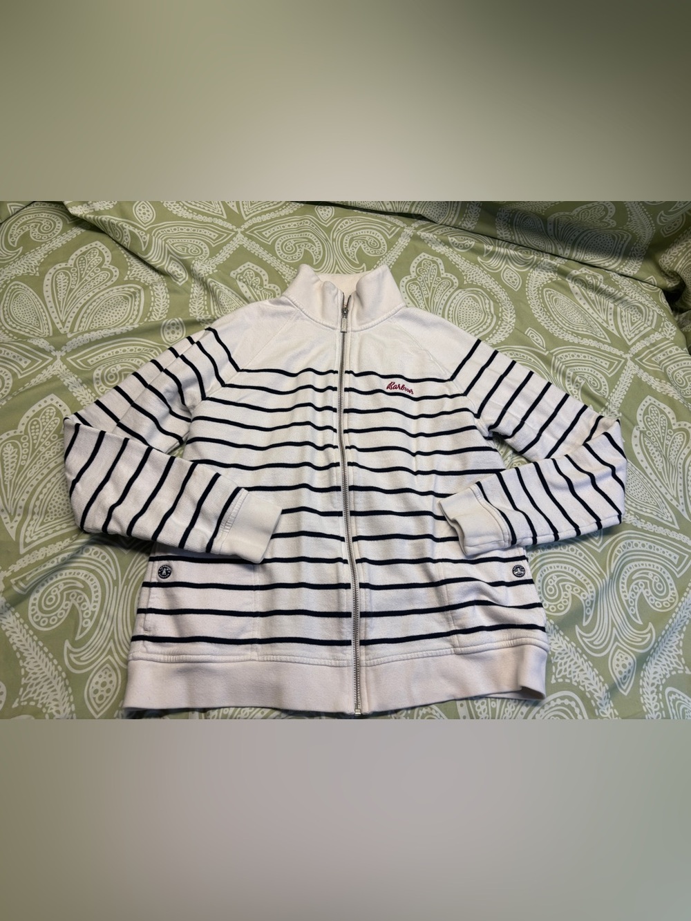 ⚛️Barbour White & Navy Striped Zip-Front Sweatshirt